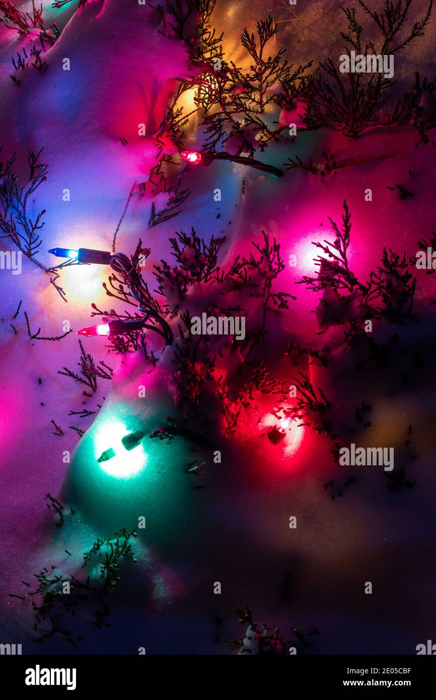 Close up texture background of colorful exterior holiday lights on top