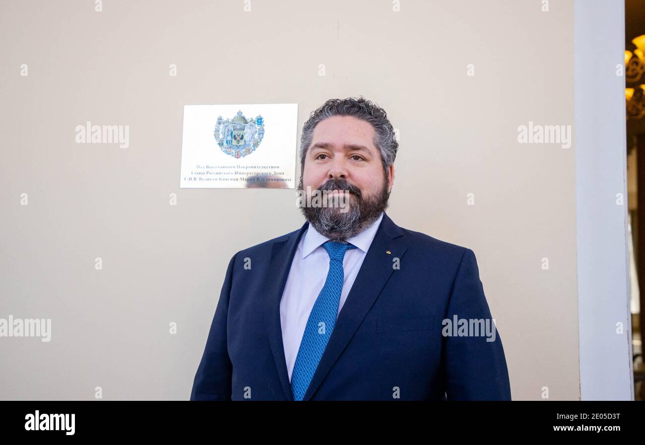Grand Duke George Mikhailovich of Russia, (Georgi Mikhailovich Romanov) heir to the throne of Russia poses in front of the Dietsky Hospice de domodedovo foundation plaque, on March 17, 2020 in Moscou, Russia.Photo via DNphotography/ABACAPRESS.COM Stock Photo