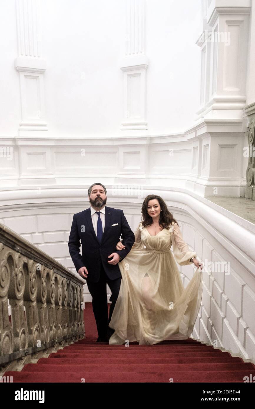 Photo session of Grand Duke George Mikhailovich of Russia, (Georgi Mikhailovich Romanov) heir to the throne of Russia poses with his companion Miss Rebecca Virginia Bettarini at the Spiridonov palace in Saint-Petersbourg , on December 01, 2020 in Russia. Miss Rebecca Virginia Bettarini converted to Orthodox religious, on July 12, 2020 at Saint Peter and Paul Cathedral in Saint Petersburg. Miss Rebecca Virginia Bettarini took the name Victoria Romanovna. Photo by Dimitri Revenko/DNphotography/ABACAPRESS.COM Stock Photo