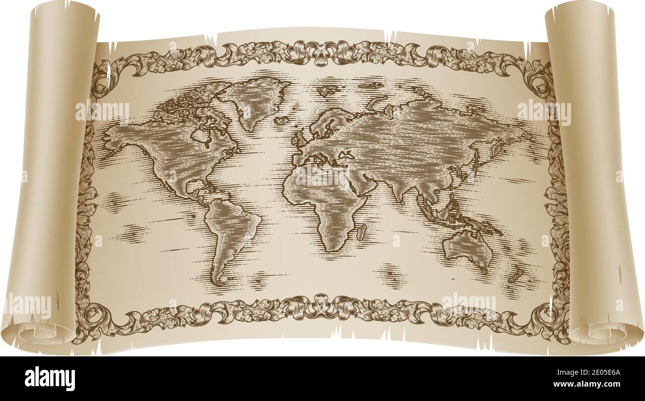 World Map Drawing Old Woodcut Engraved Scroll Stock Vector