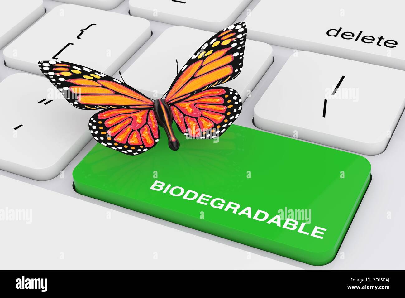 Green Biodegradable Key with Butterfly on White PC Keyboard extreme closeup. 3d Rendering Stock Photo
