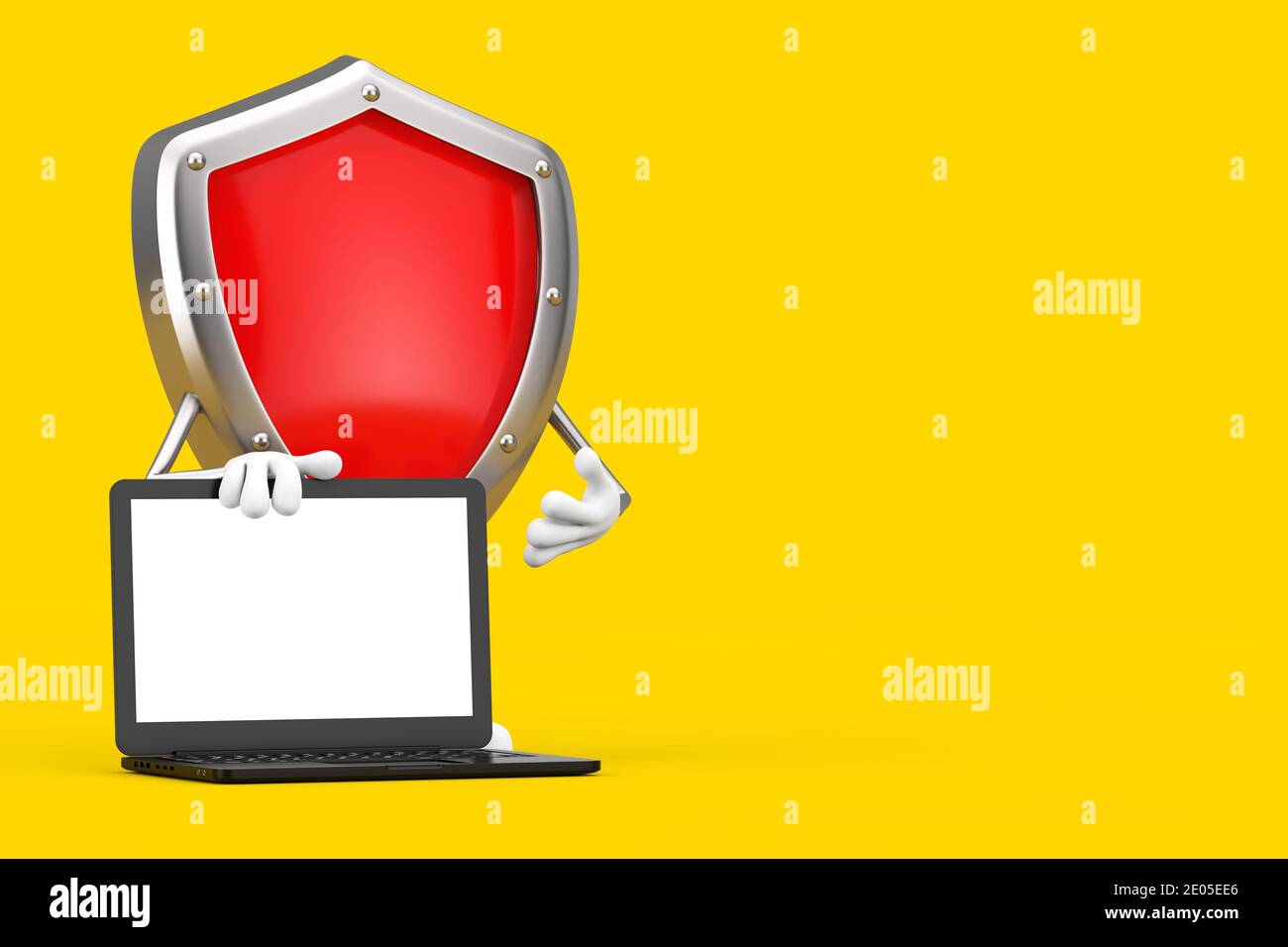 Red Computer Protection Red Metal Protection Shield Character Mascot with Modern Laptop ...