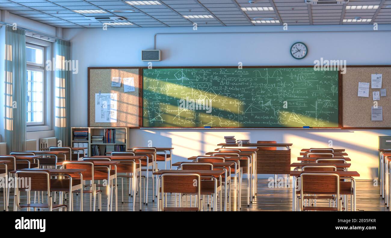 interior of a school classroom with wooden desks and chairs. nobody around. 3d render Stock Photo