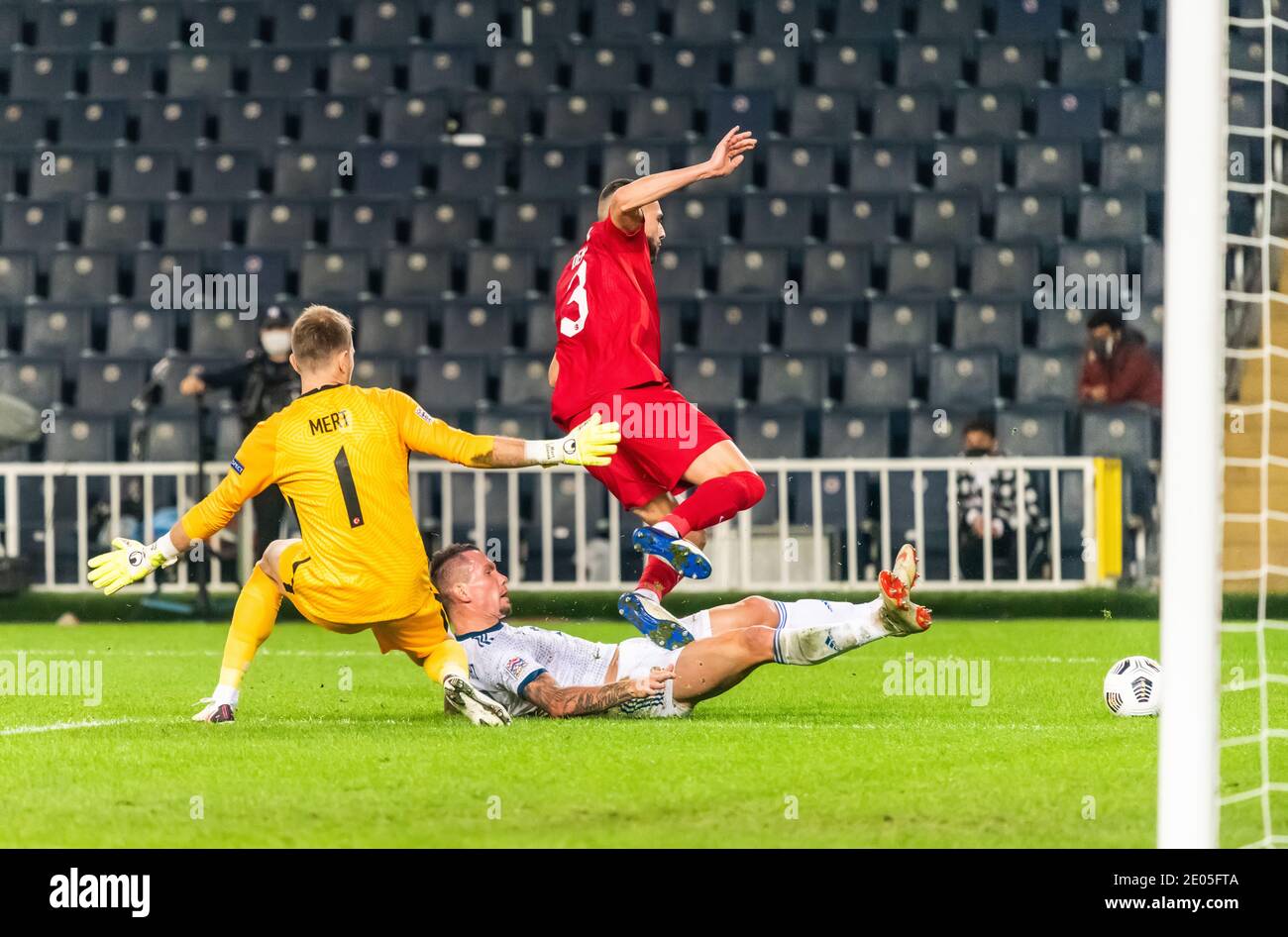 Istanbul Turkey November 15 2020 Russia National Football Team Striker Anton Zabolotny Turkey Goalkeeper Mert Gunok And Defender Merih Demiral D Stock Photo Alamy