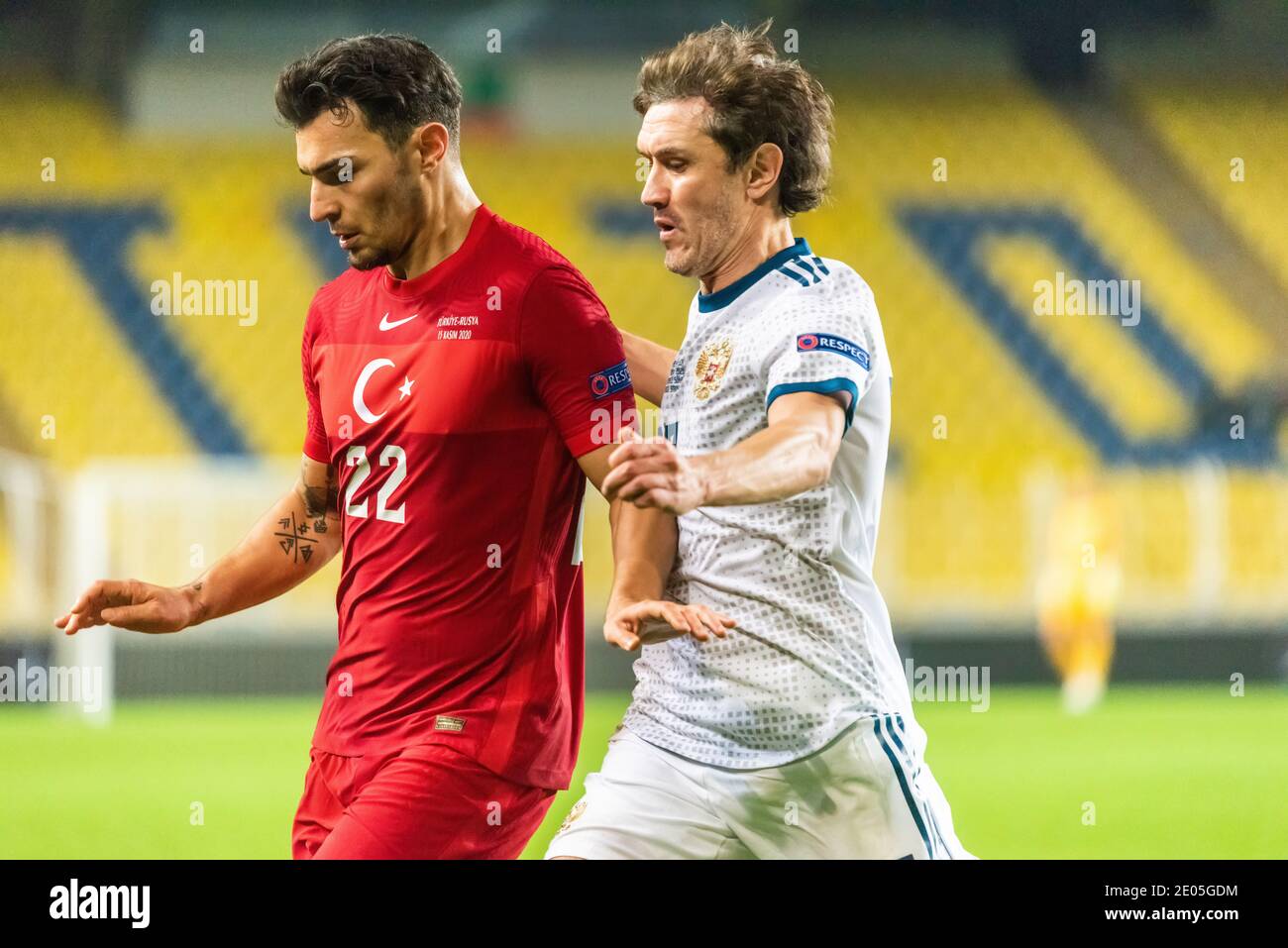 Istanbul, Turkey – November 15, 2020. Russia national football team midfielder Yury Zhirkov against Turkey midfielder Kaan Ayhan during UEFA Nations L Stock Photo