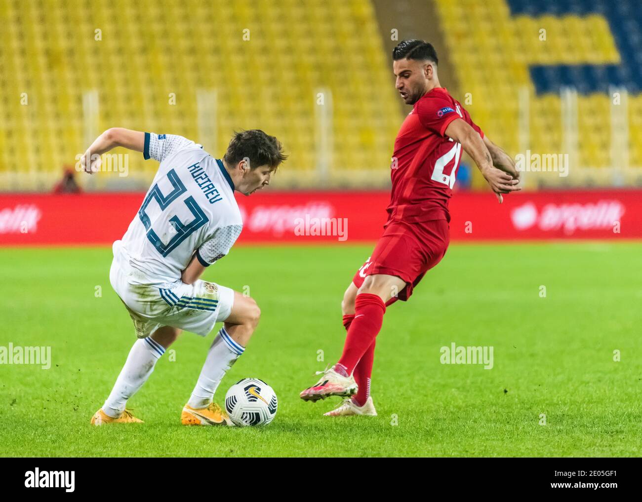 Istanbul, Turkey – November 15, 2020. Russia national football team midfielder Daler Kuzyaev against Turkey midfielder Deniz Turuc during UEFA Nations Stock Photo