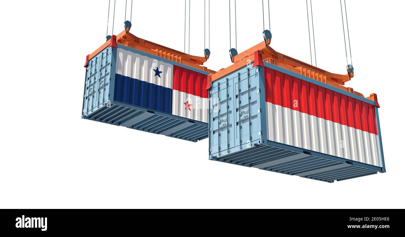 Freight containers with Indonesia and Panama national flags. 3D Rendering Stock Photo