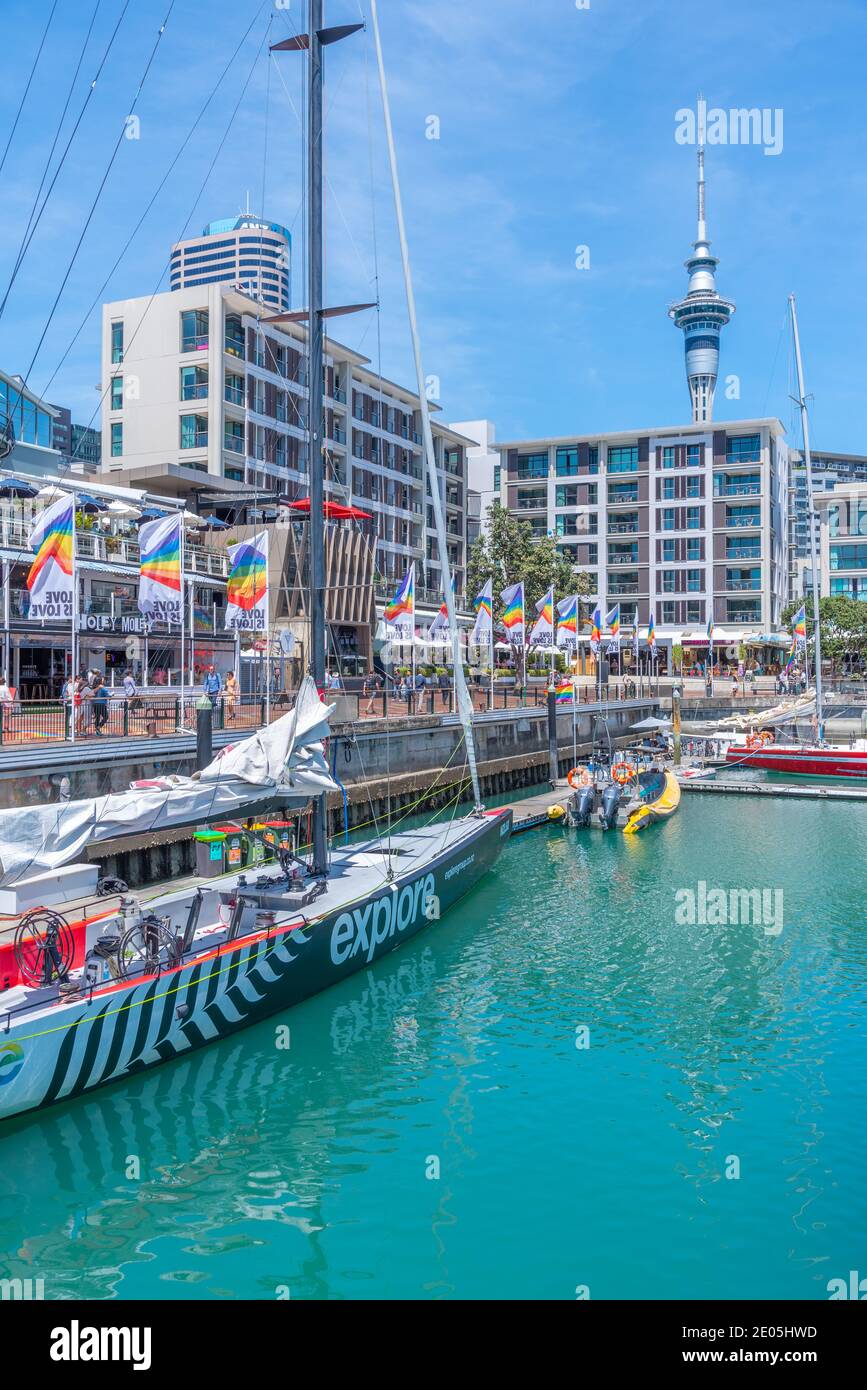 AUCKLAND, NEW ZEALAND, FEBRUARY 20, 2020: Sky tower view from waterfront of port in Auckland, New Zealand Stock Photo