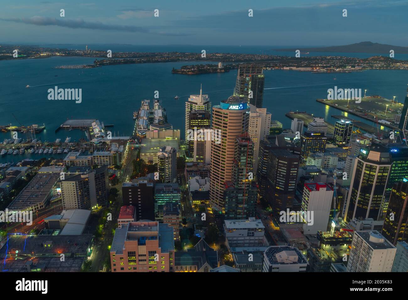 AUCKLAND, NEW ZEALAND, FEBRUARY 19, 2020: Night aerial view of waterfront of Auckland from Sky tower, New Zealand Stock Photo