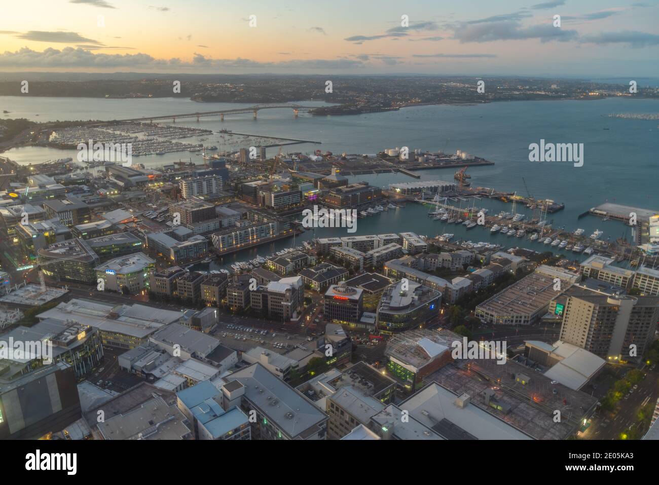 AUCKLAND, NEW ZEALAND, FEBRUARY 19, 2020: Night aerial view of waterfront of Auckland from Sky tower, New Zealand Stock Photo