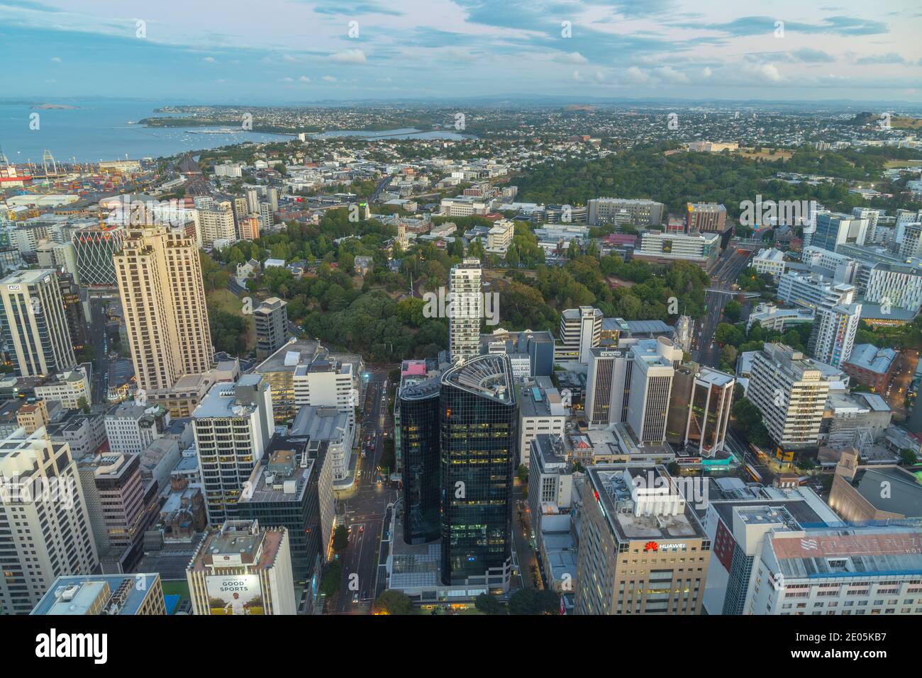AUCKLAND, NEW ZEALAND, FEBRUARY 19, 2020: Night aerial view of war memorial museum and downtown Auckland from Sky tower, New Zealand Stock Photo