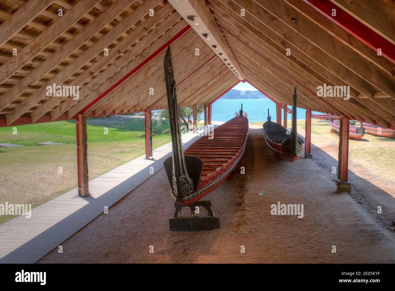 WAITANGI, NEW ZEALAND, FEBRUARY 18, 2020: Maori war canoe at Waitangi treaty grounds in New Zealand Stock Photo