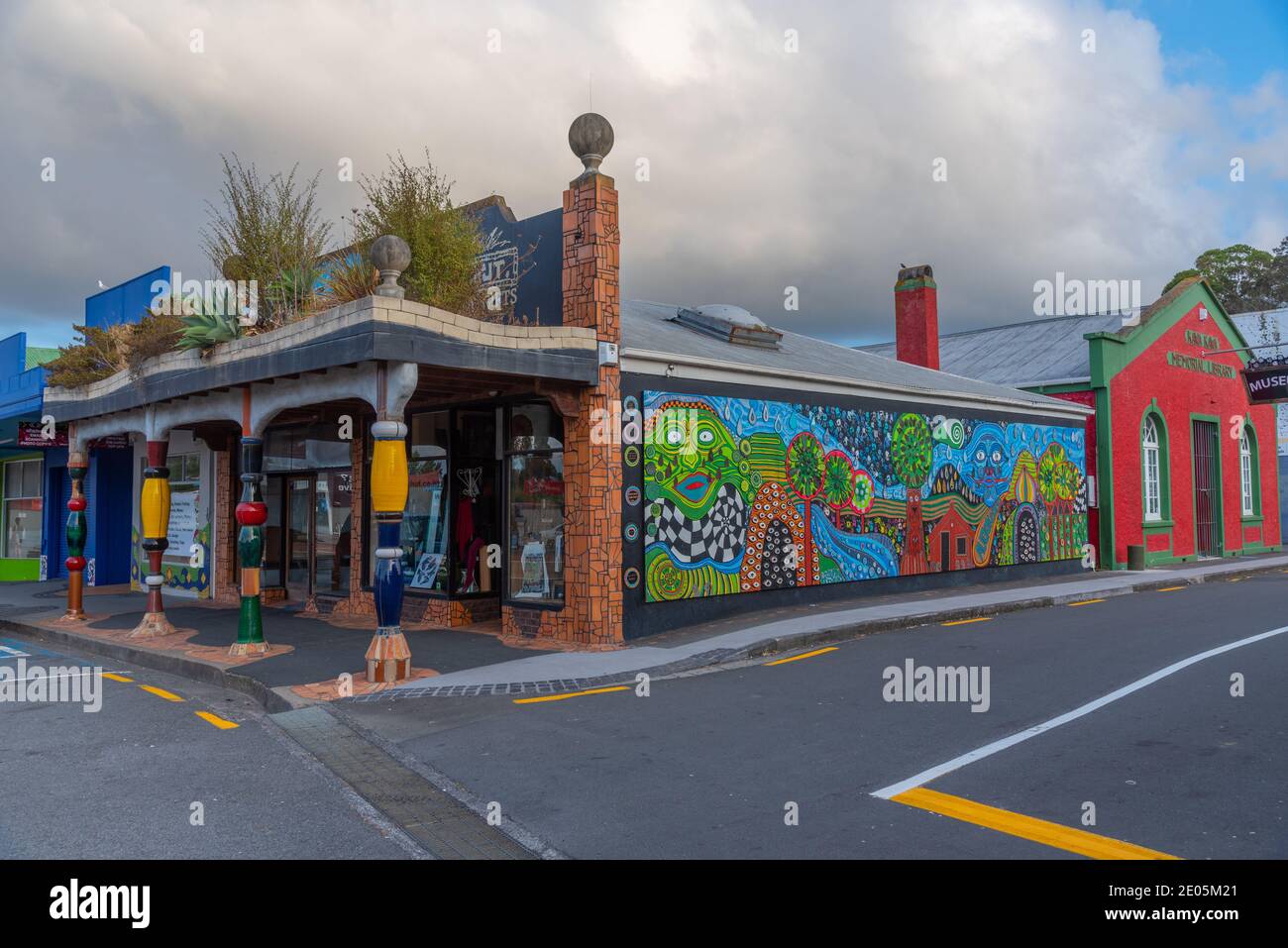 KAWAKAWA, NEW ZEALAND, FEBRUARY 17, 2020: Street art in Hundertwasser style at Kawakawa, New Zealand Stock Photo