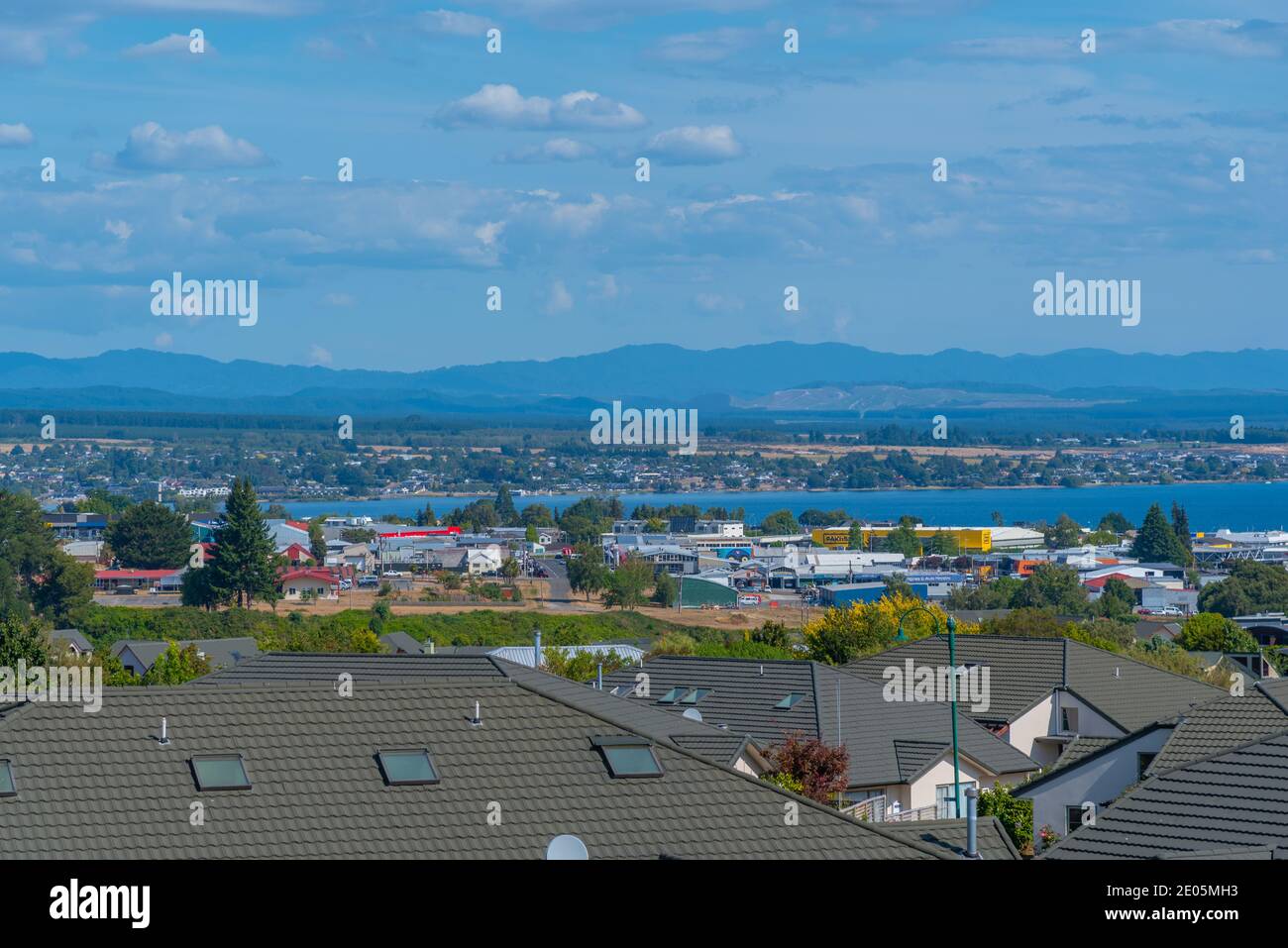 TAUPO, NEW ZEALAND, FEBRUARY 12, 2020: Aerial view of Taupo town in New Zealand Stock Photo
