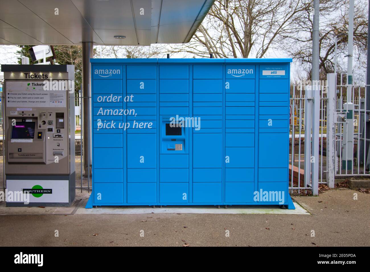 Amazon Hub pick up lockers at Ashtead Railway Station, Ashtead, Surrey