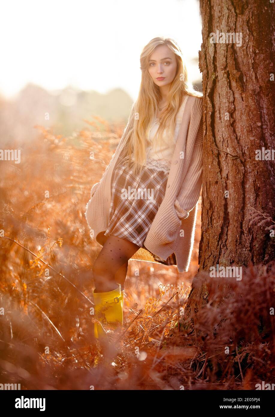 A young beautiful woman (20) dreamy editorial fashion shot in a warm autumnal forest setting wearing a cardigan and tartan skirt with long blonde hair Stock Photo