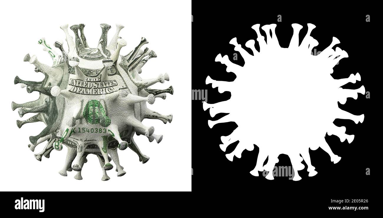 Corona Relief Package Concept: A one hundred dollar bill projected onto a corona virus model isolated on white. To the right a mask to mask out the vi Stock Photo