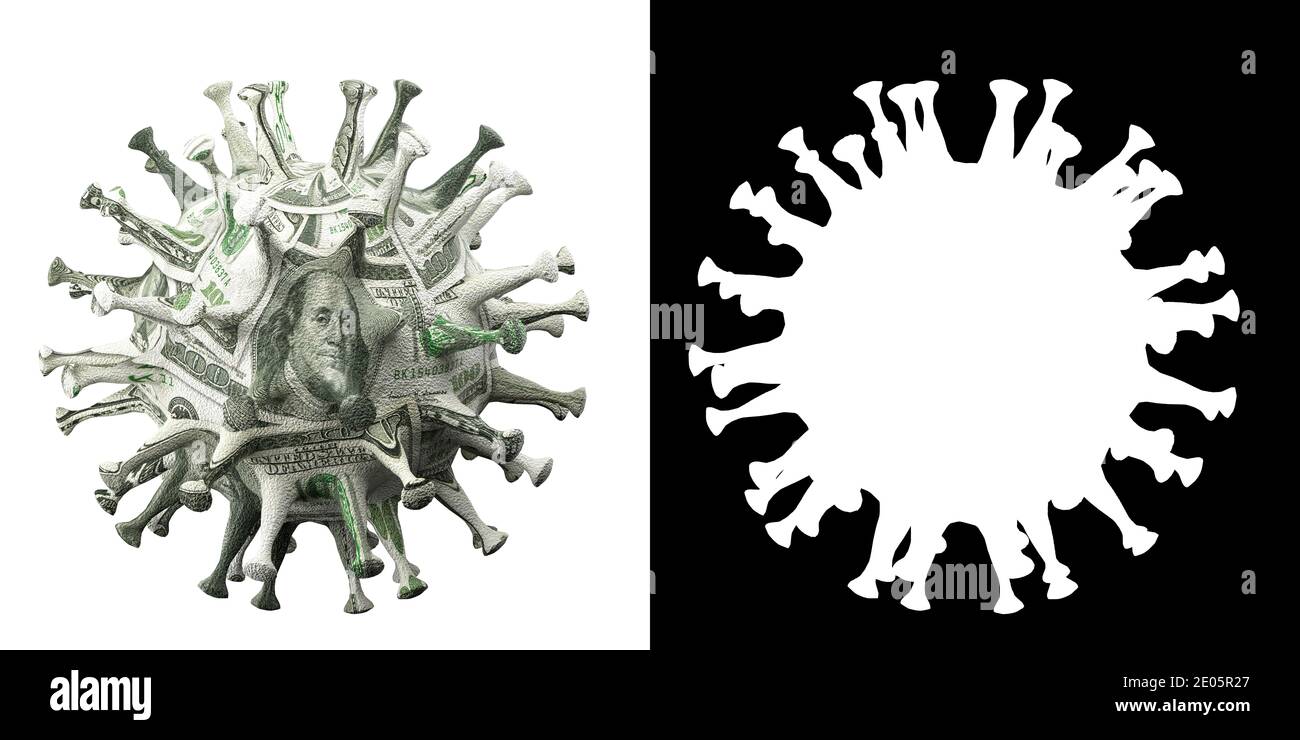 Corona Relief Package Concept: A one hundred dollar bill projected onto a corona virus model isolated on white. To the right a mask to mask out the vi Stock Photo