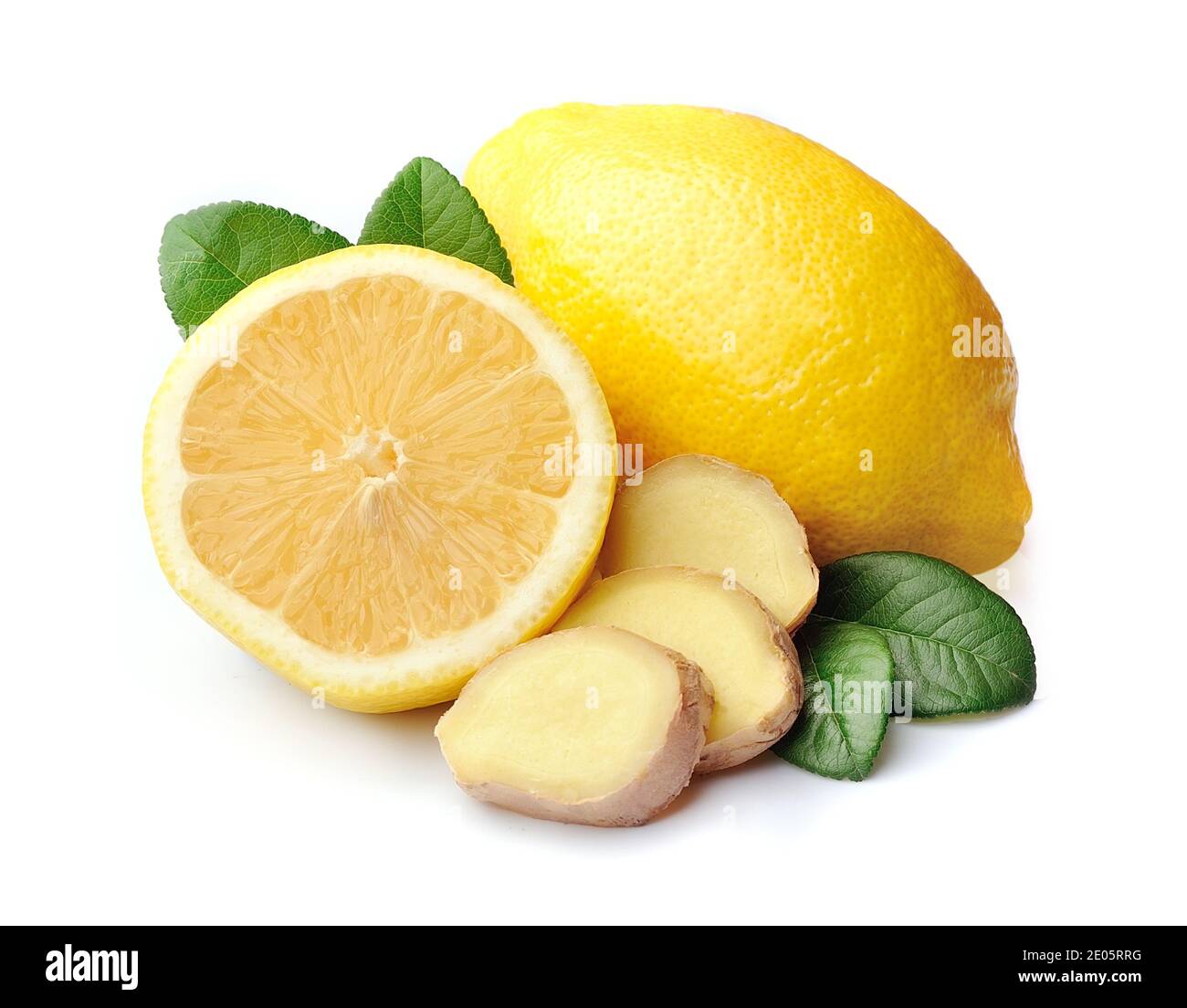 Lemons with ginger isolated on white backgrounds. Stock Photo