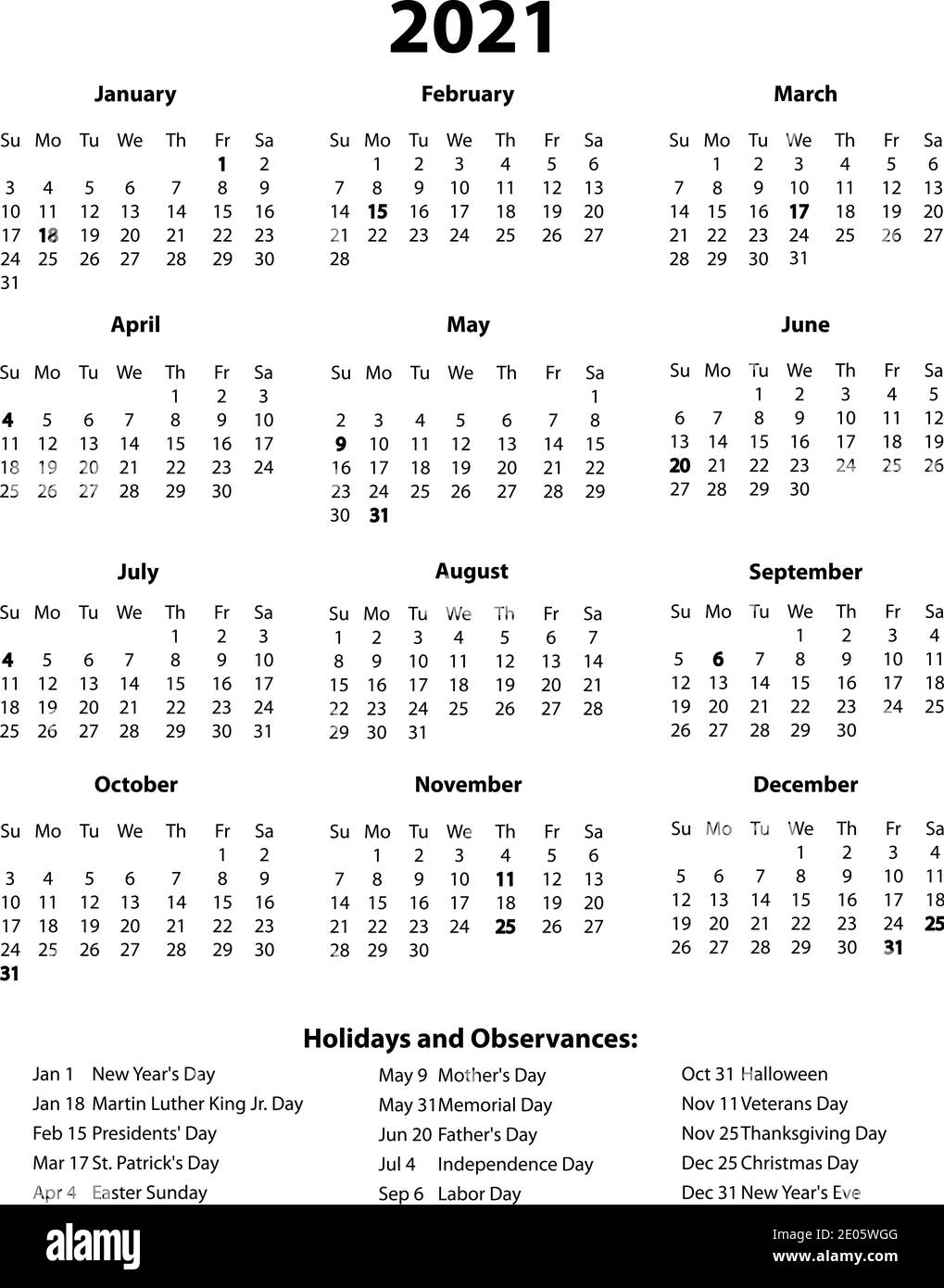2021 Year Calendar One Page with Holidays Stock Photo