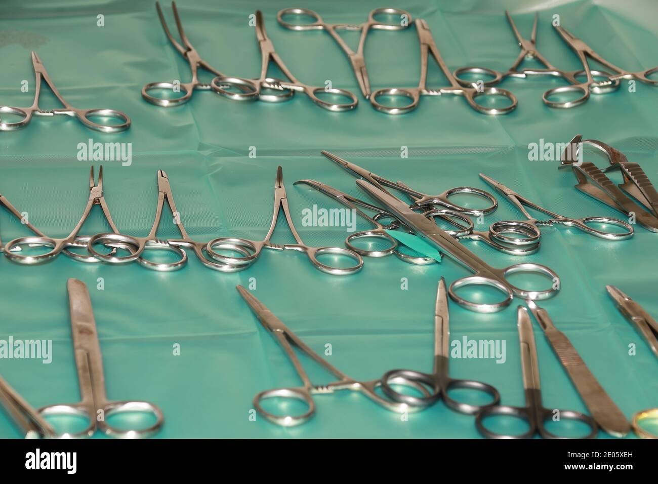 A sterile tray holding surgical instruments arranged for a surgery