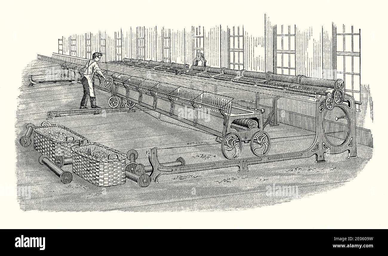An old engraving of spinning machinery in a textile mill in the 1800s. It is from a Victorian mechanical engineering book of the 1880s. Here one man controls a very large piece of mechanised equipment. Textile mills producing cotton, linen, woollen and other types of fabrics began as early as the 1740s. The introduction of the flying shuttle by John Kay in 1733 and other mechanised devices accelerated production, leading to the development of textile factories or mills. As time went by, mills became larger and more advanced. In many cases, entire villages and towns were centred around mills. Stock Photo