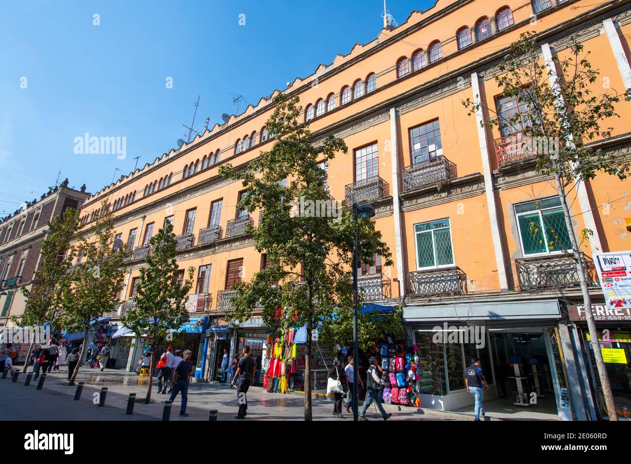 Historic buildings on Corregidora Street near Calle del Correo Mayor Street in historic center of Mexico City CDMX, Mexico. Stock Photo