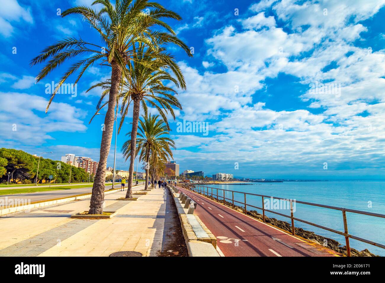 Cycling highway along the Paseo Maritimo coast seaside promenade in Palma, Mallorca, Spain Stock Photo