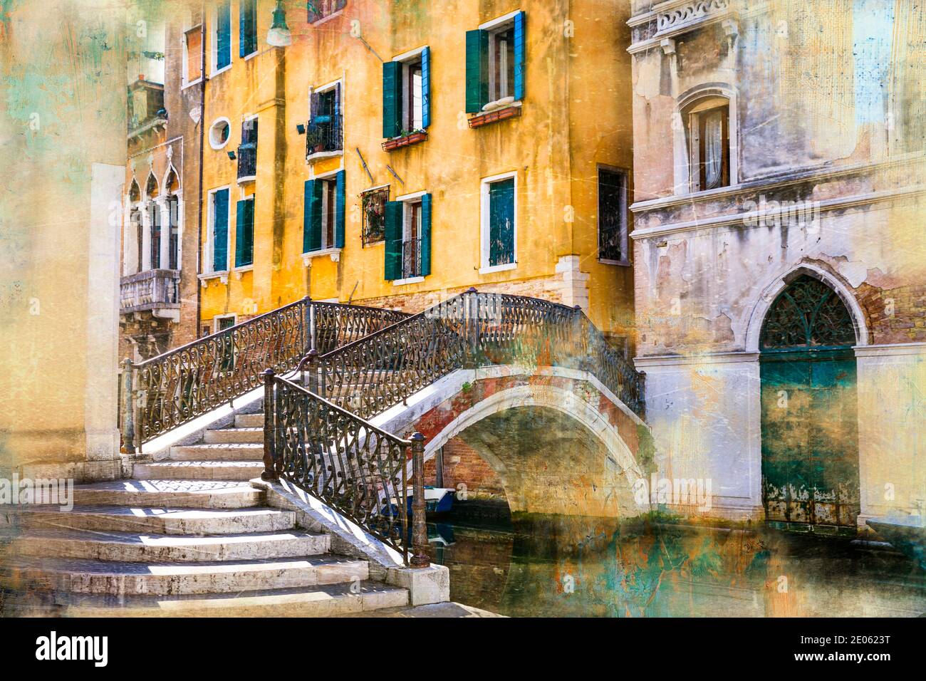 Venetian street and canals. Artistic picture in paining style Venice, Italy Stock Photo