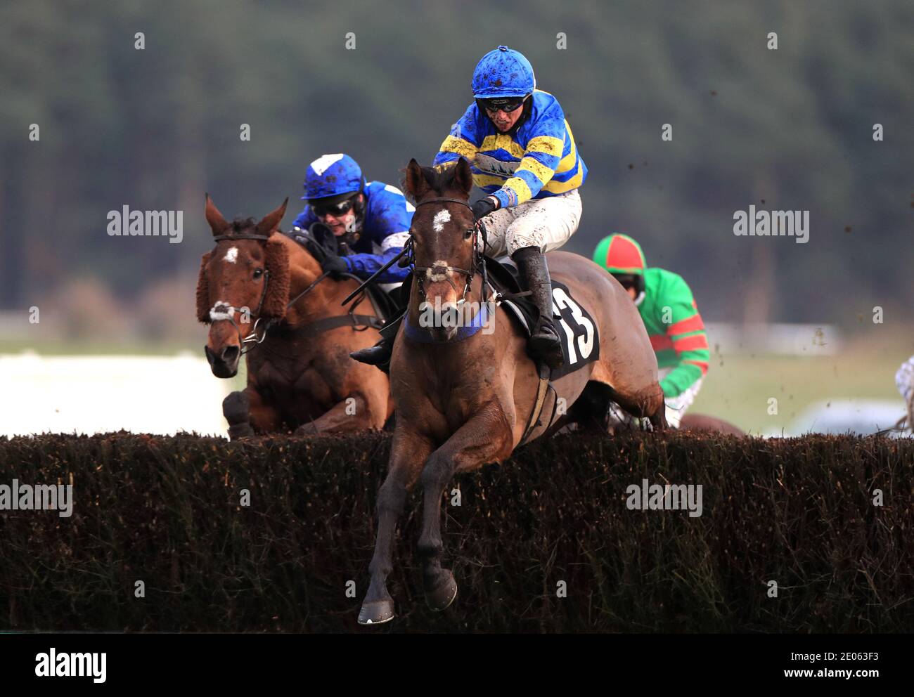 Who?s In The Box ridden by Charlie Hammond goes on to win The Lincolnshire National Handicap Chase at Market Rasen Racecourse. Stock Photo