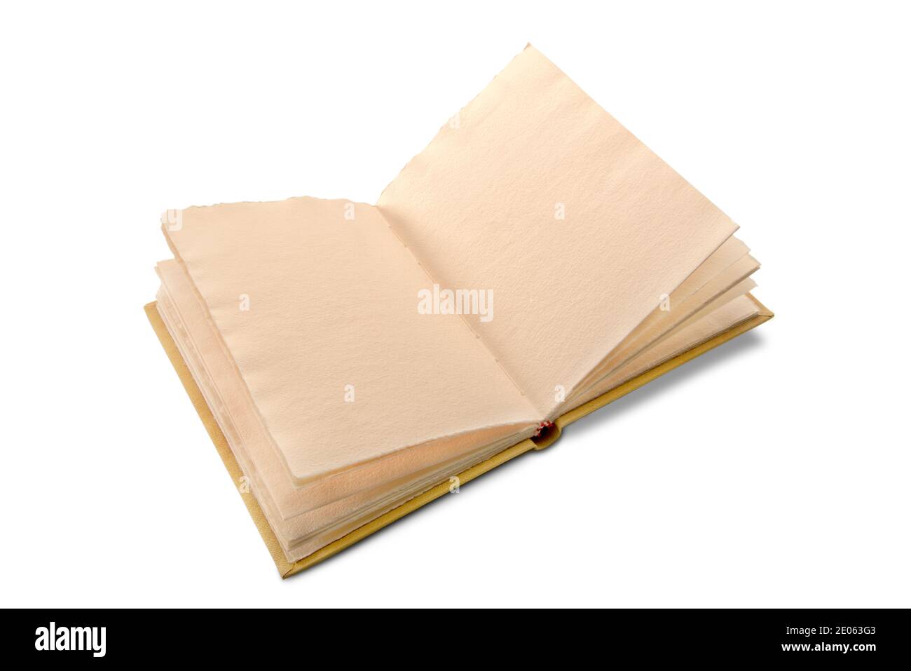 Open antique style book with pages of rough paper with jagged edges, antique leather hardcover notebook isolated on white background Stock Photo
