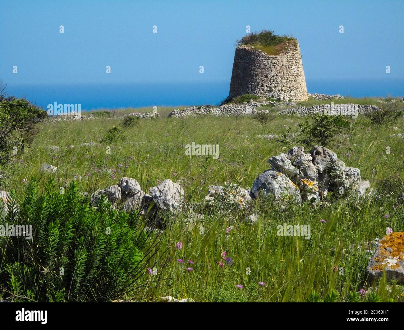 Italy Apulia Salento Coast between Porto Badisco and Santa Cesarea Terme - Tower Stock Photo