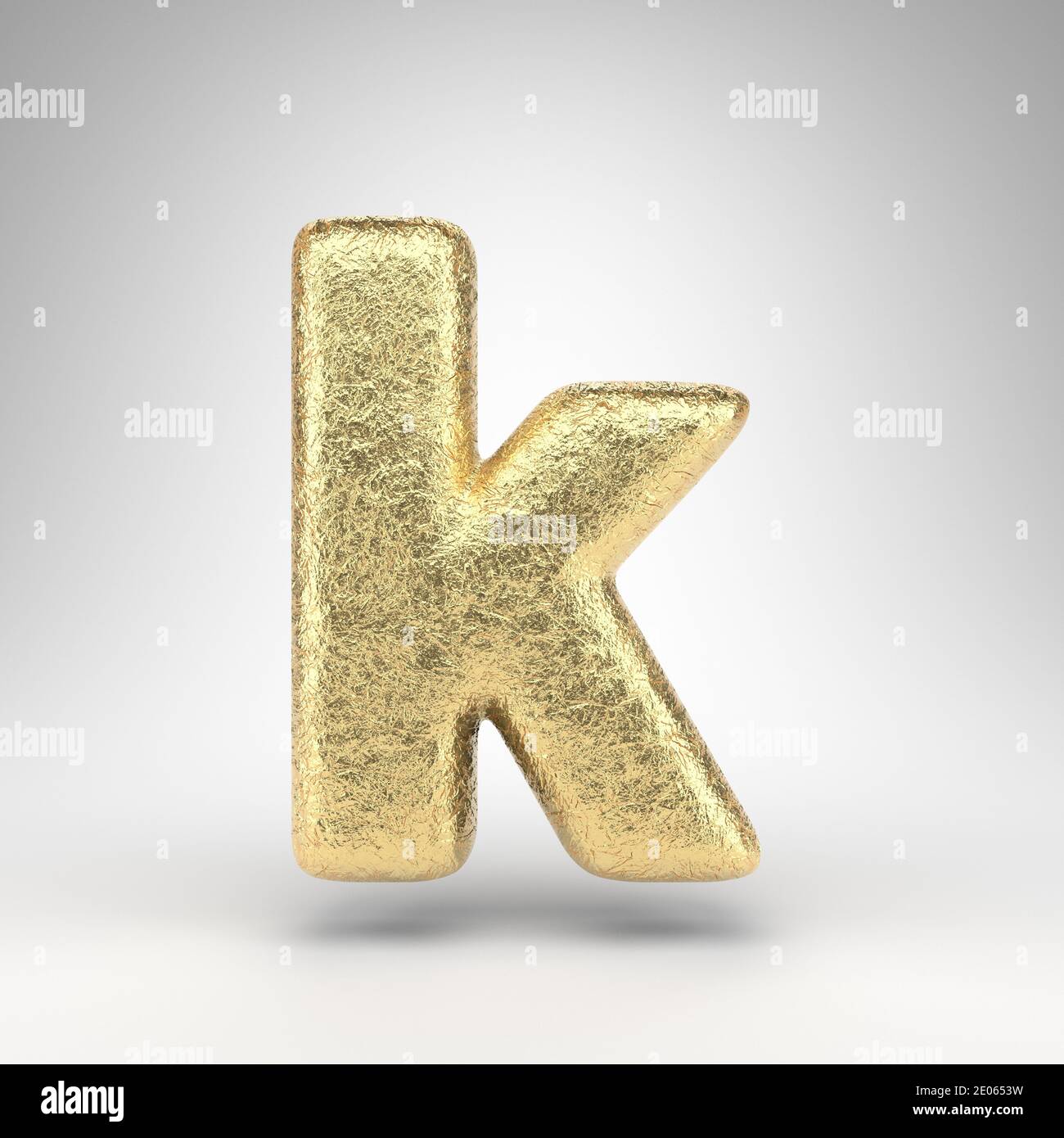 Letter K lowercase on white background. Creased golden foil 3D rendered font with gloss metal texture. Stock Photo