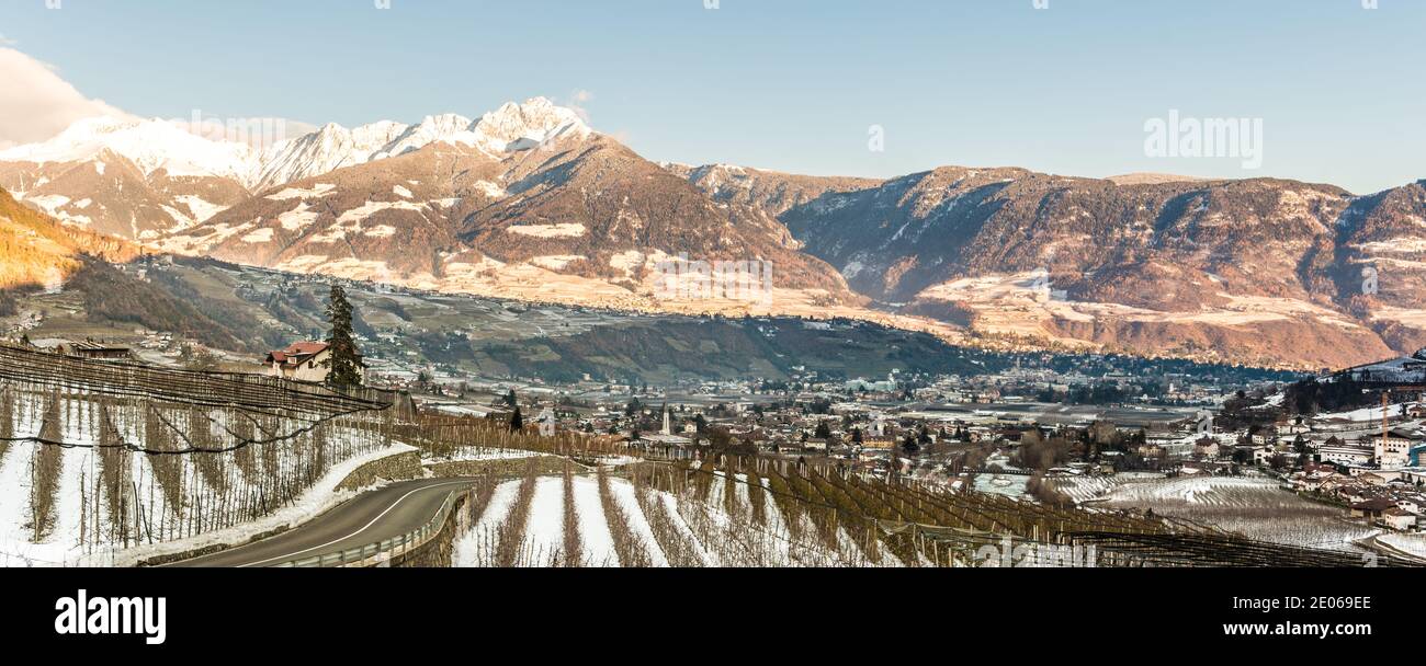 Beautiful view on the alpin city of Meran (Merano) and the Village of Lagundo (Algund) and Foresta (Forst) in Südtirol, Alto Adige, Italy under the sn Stock Photo