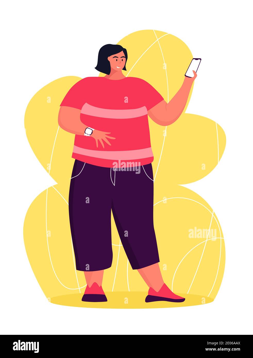 A young obese woman in fashion cloth. A girl wants to get rid of belly fat. Stock Vector
