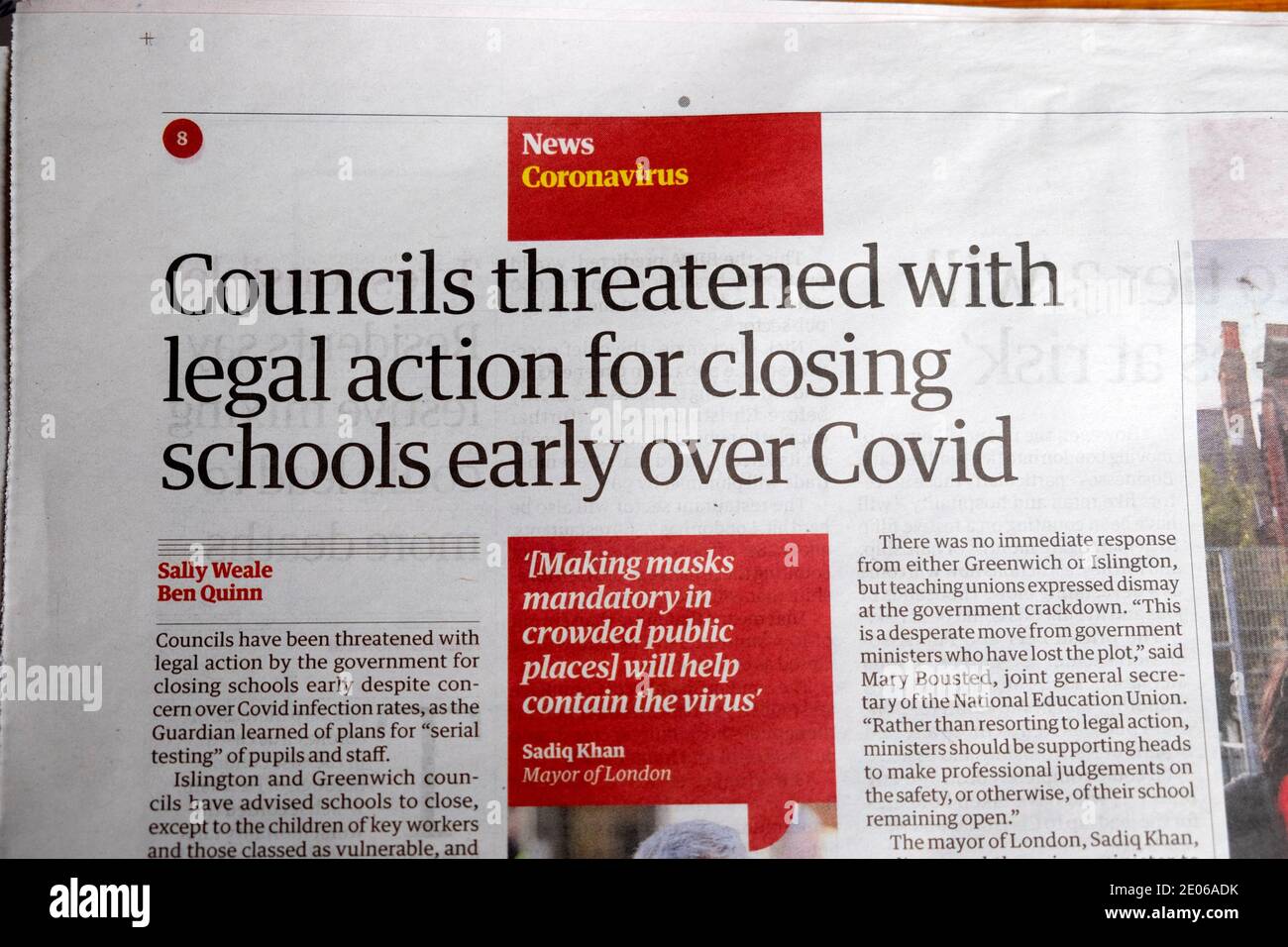 Coronavirus Guardian newspaper headline 'Councils threatened with legal action for closing schools early over Covid' in December London England UK Stock Photo