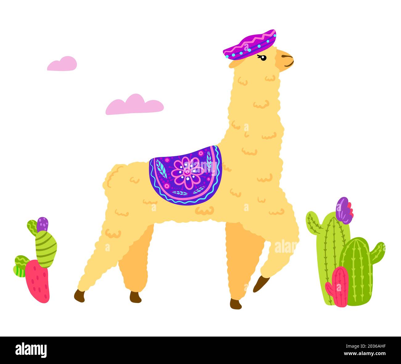 Hand drawn llama character illustration and cactus elements for nursery ...