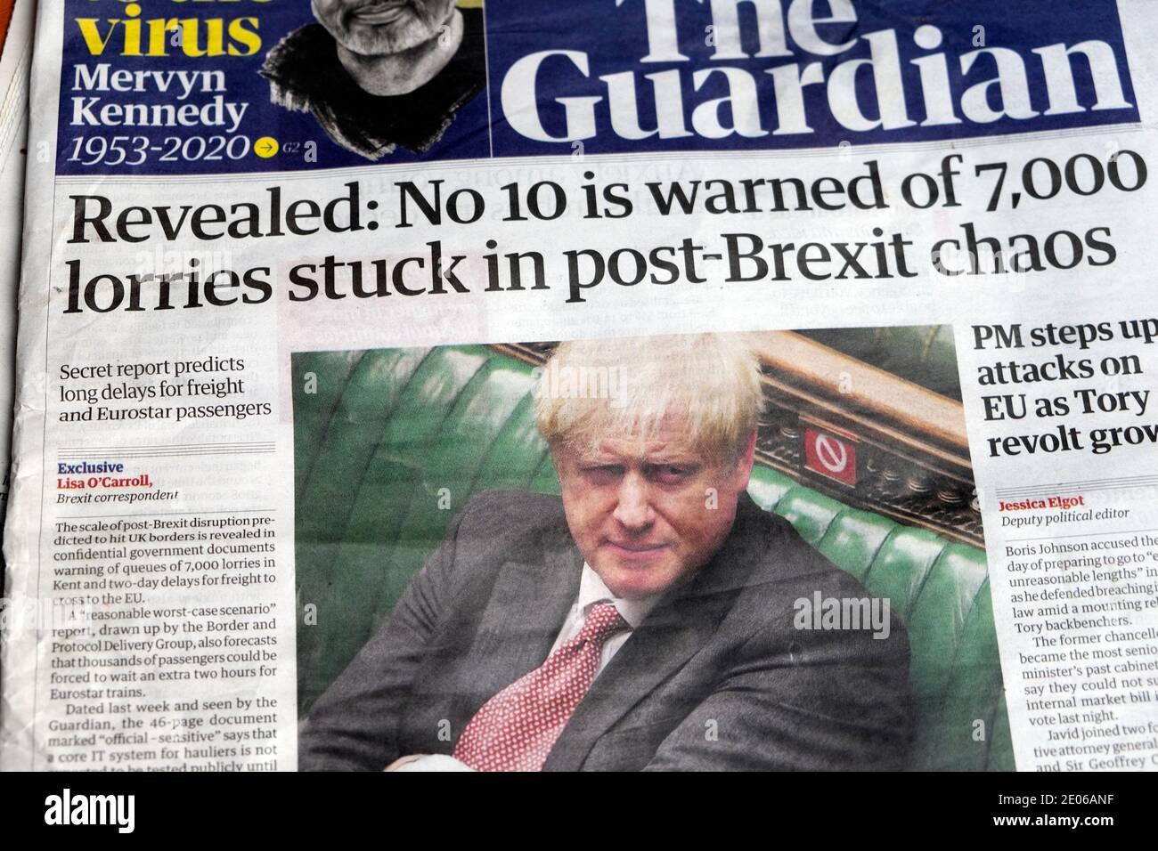 Guardian front page newspaper headline 'Revealed: No 10 is warned of 7,000 lorries stuck in post-Brexit chaos'  14 September 2020 London England UK Stock Photo