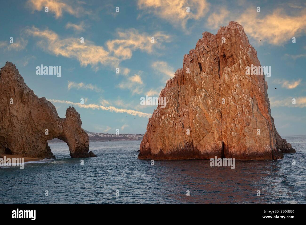 Sun setting over the Sea of Cortez at Lands End in Cabo San Lucas, Mexico Stock Photo
