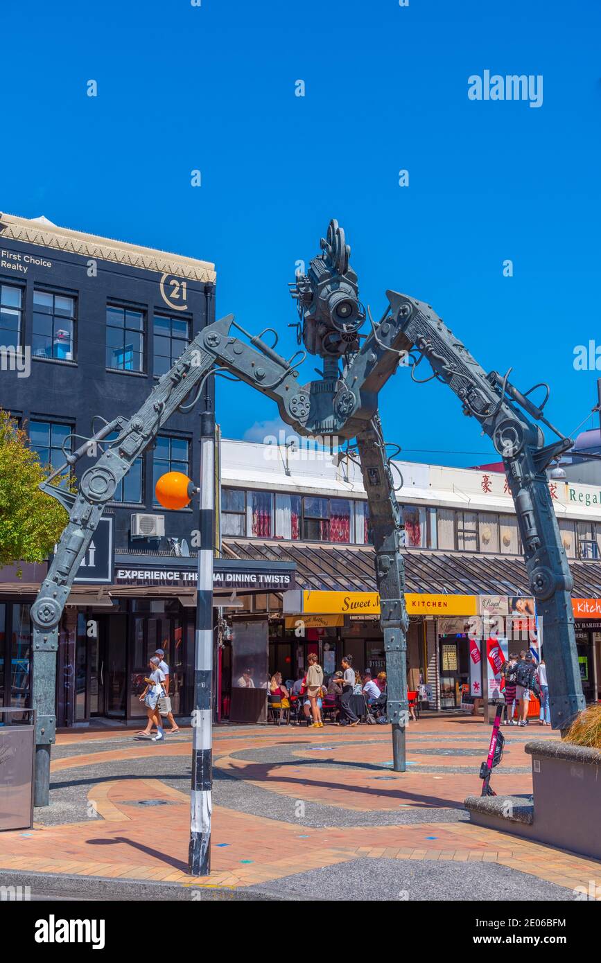 WELLINGTON, NEW ZEALAND, FEBRUARY 9, 2020: Tripod sculpture at Courtenay square in Wellington, New Zealand Stock Photo