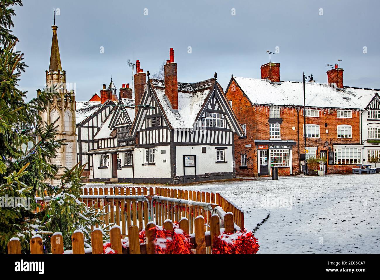 Snow covered market square at Sandbach in Cheshire in the winter with ...