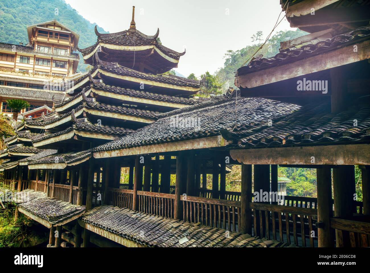 A close-up of the Zhuang Wind and Rain Bridge in Longsheng, Guangxi, China Stock Photo