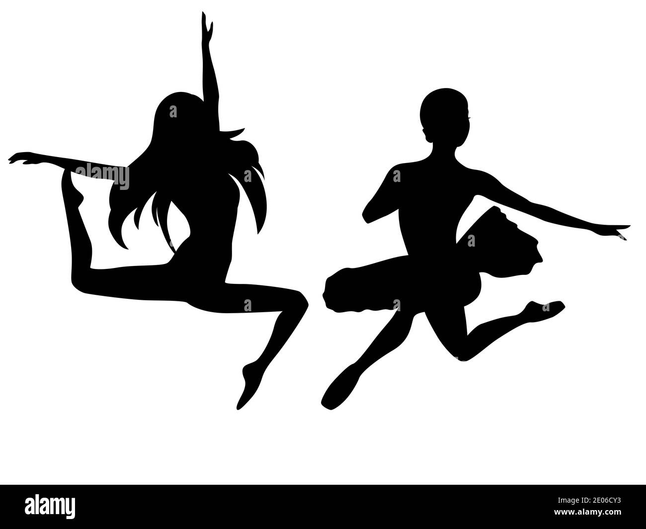 Abstract black stencil silhouettes of attractive slender ladies dancer in jump, hand drawing vector illustration Stock Vector