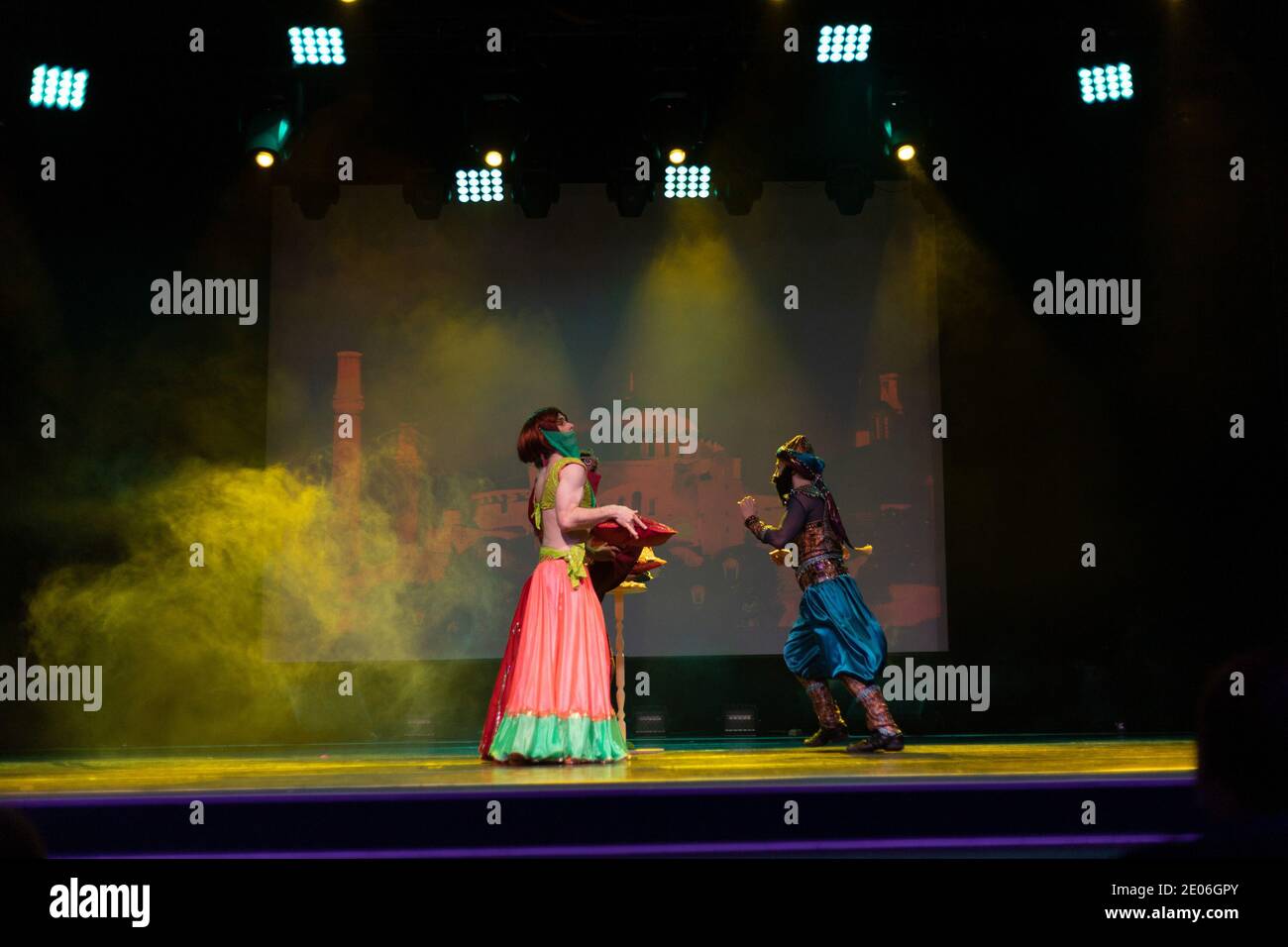 Dancers actors in Oriental Bellydance costumes perform in theater on ...