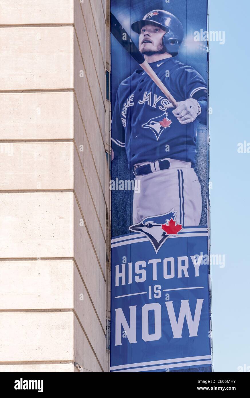 Josh Donaldson, Blue Jays player depicted at the banner that reads   History is Now. The Blue Jays represent not only Toronto in the MLB but  all Canada Stock Photo - Alamy