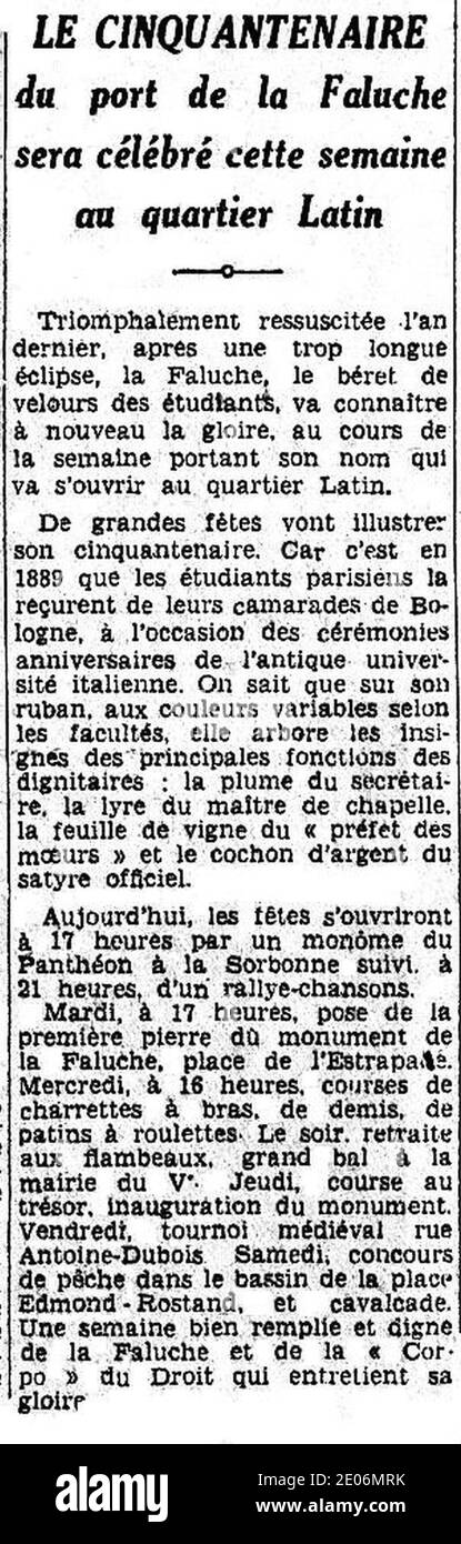 Le cinquantenaire du port de la Faluche sera célébré cette semaine au quartier latin - Le Matin - 27 mars 1939. Stock Photo