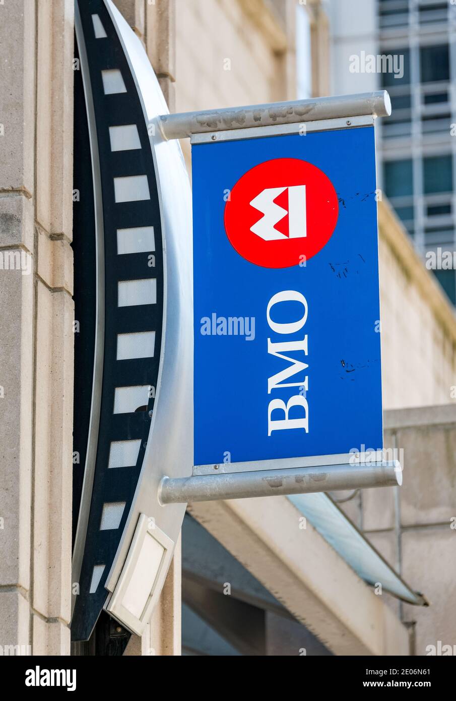 BMO or Bank of Montreal sign logo.  The bank is one of the Big Five banks in Canada. It is the fourth-largest bank in Canada by market capitalization Stock Photo
