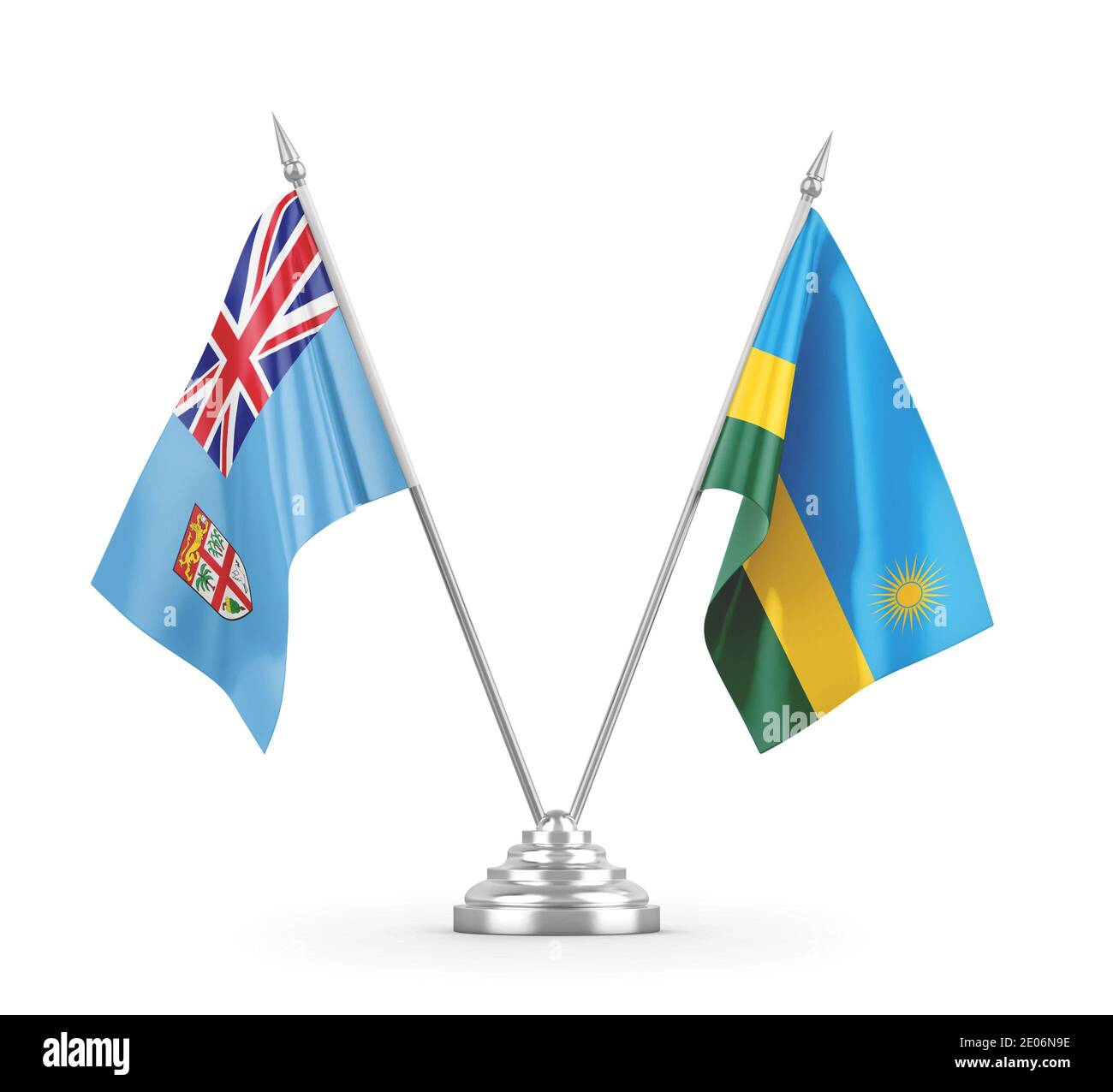 Rwanda and Fiji table flags isolated on white background 3D rendering Stock Photo