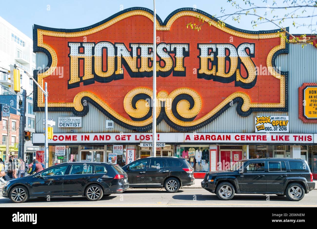 Honest Ed traditional Toronto retail store. Exterior facade details and sign. The landmark is set to close for good in December 2016 to give its pace Stock Photo