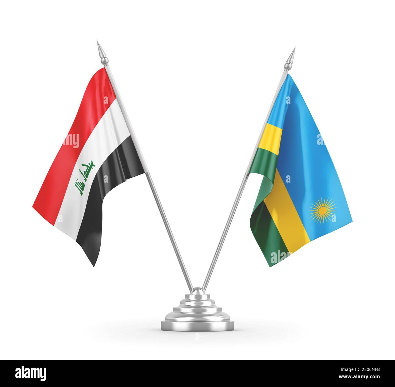 Rwanda and Iraq table flags isolated on white background 3D rendering Stock Photo